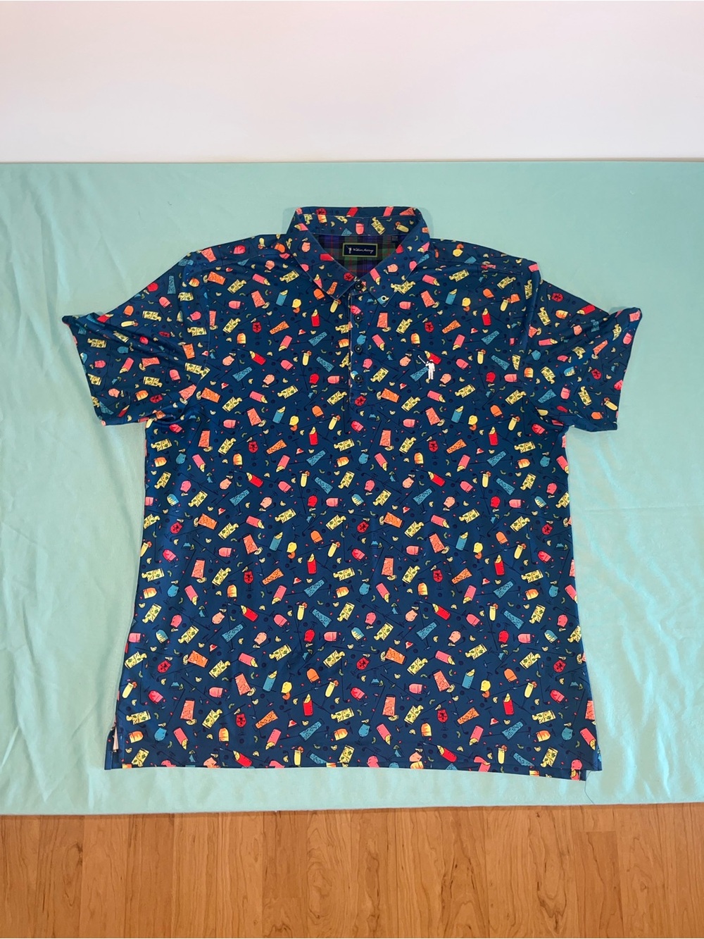 William Murray Golf Navy Short Sleeve Polo with Multicolor Novelty Print XL